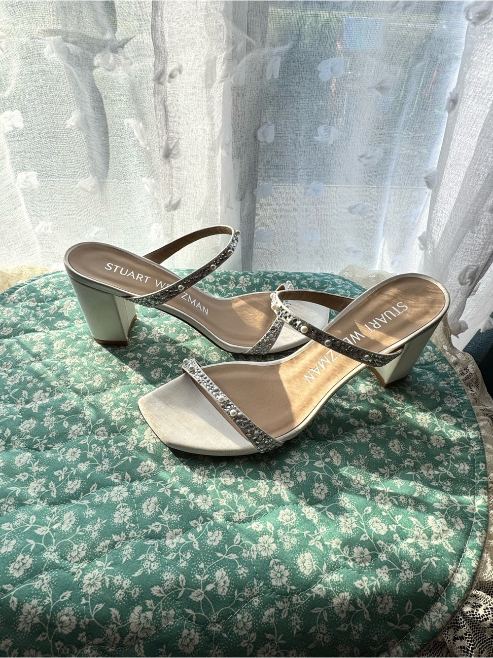 Stuart Weitzman Ivory Satin Royal Pearl 75 Block Heels